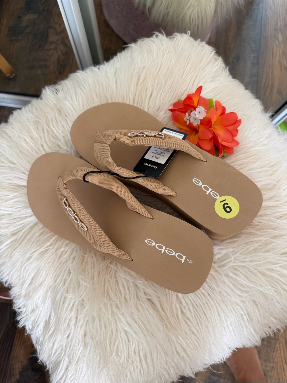 bebe Beige Women's platform Sandal with Embellished Straps